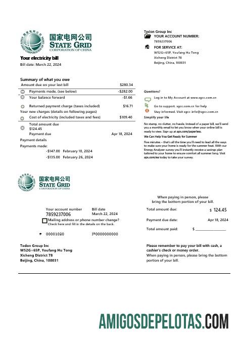 Conta de serviços públicos da China State Grid Corporation da China Electricity Business em formatos Word e PDF exemplo real
